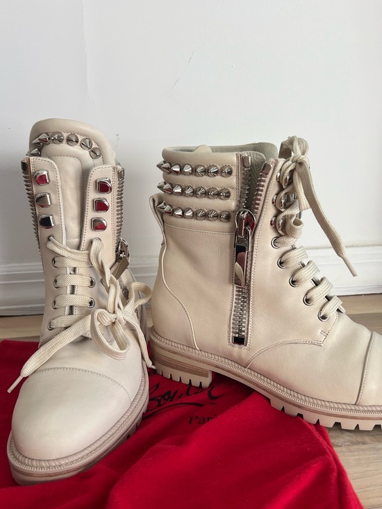Christian Louboutin Shoes - Christian Louboutin Cream Lace-Up Studded Combat Boots Size 38 100% Authentic